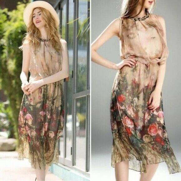Queen Mulock 100% Silk Floral Boho Midi Flowy Dress - Size L - Picture 3 of 16